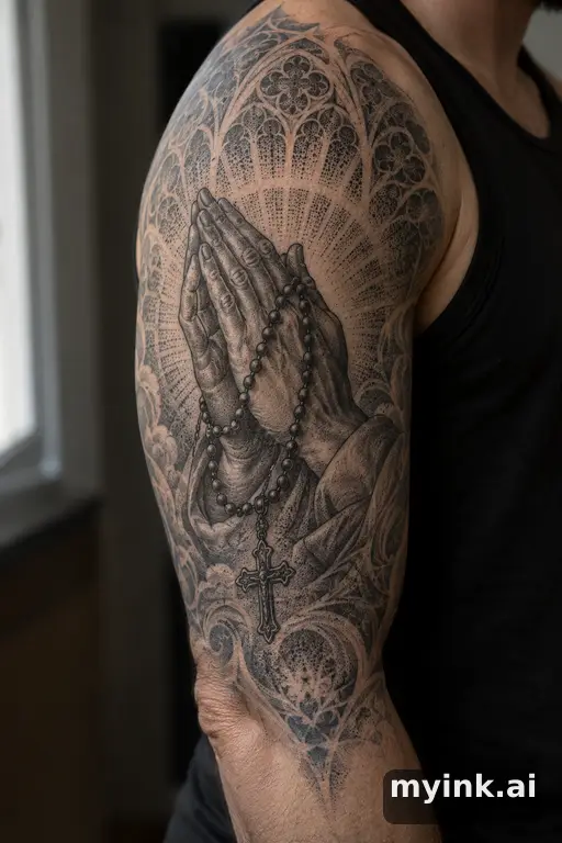 Praying hands holding a rosary cross β Dotwork Half Sleeve Tattoo reference image