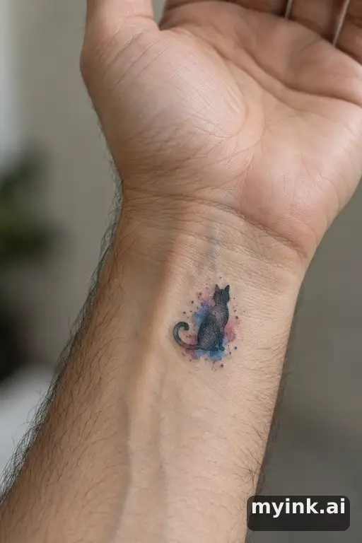 Tiny cat silhouette — Watercolor Small Tattoo reference image