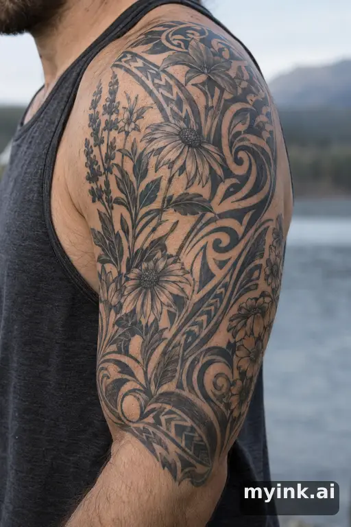 Botanical bouquet of wildflowers β Tribal Half Sleeve Tattoo reference image