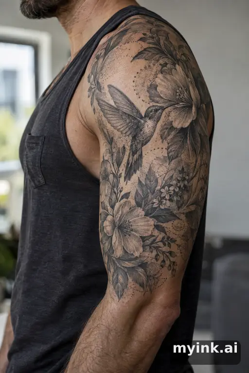 Hummingbird with flowers β Dotwork Half Sleeve Tattoo reference image