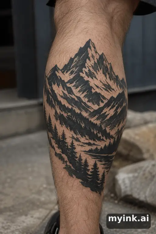 Mountain landscape — Blackwork Leg Tattoo reference image