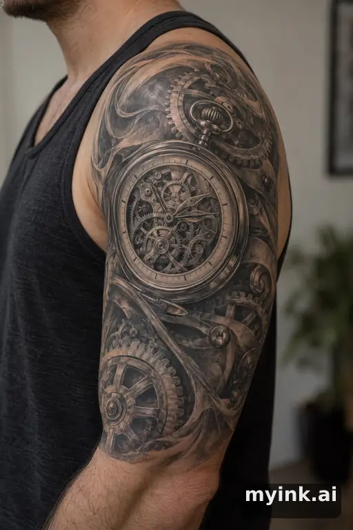 Pocket watch with exposed gears β Realistic Half Sleeve Tattoo reference image