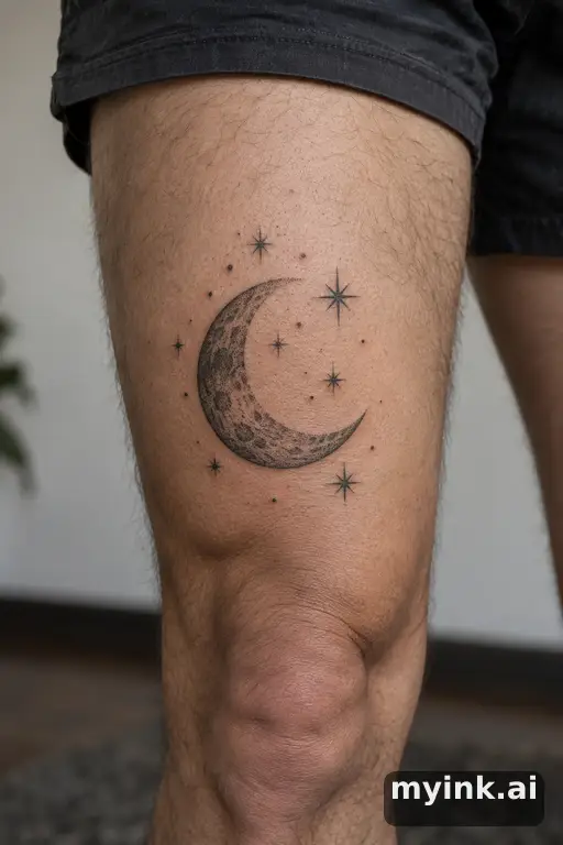 Crescent moon with stars — Dotwork Thigh Tattoo reference image