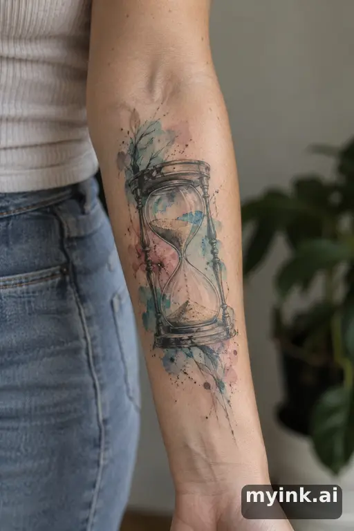 Hourglass with sand running — Watercolor Forearm Tattoo reference image