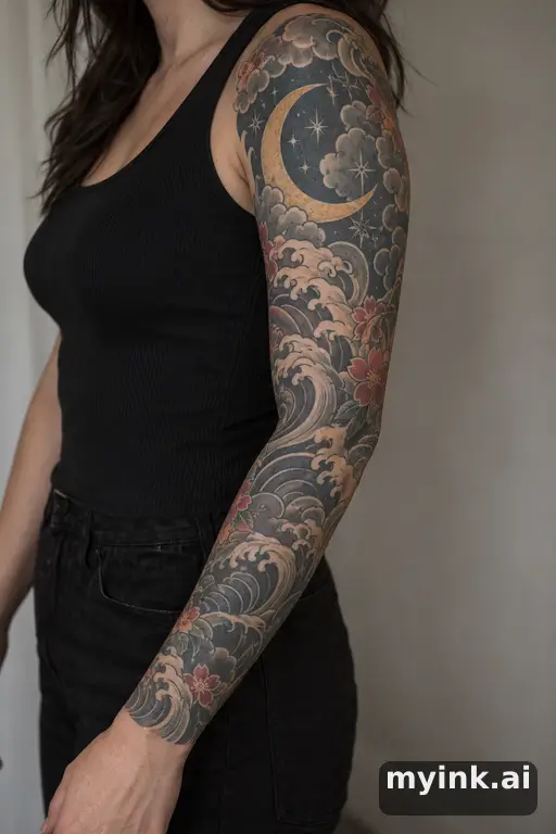 Crescent moon with stars — Japanese Sleeve Tattoo reference image