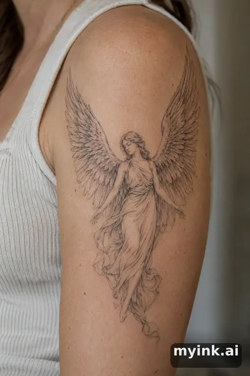 Angel with wings — Fine Line Tattoo reference image