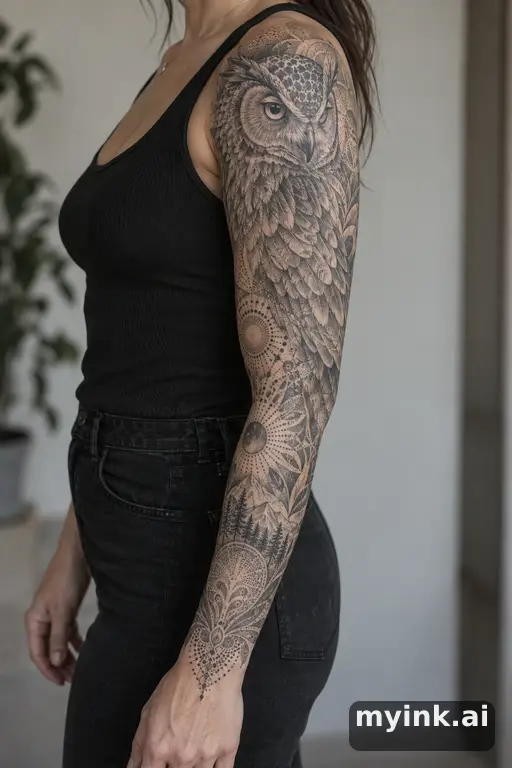Owl — Dotwork Sleeve Tattoo reference image
