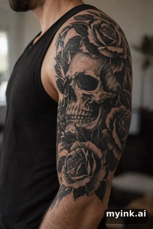 Skull with roses β Blackwork Half Sleeve Tattoo reference image