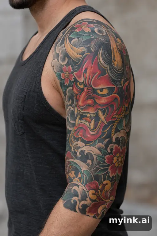 Oni demon mask β Traditional Half Sleeve Tattoo reference image