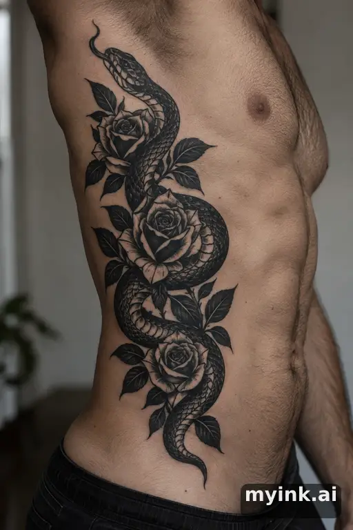 Snake winding through roses — Blackwork Rib Tattoo reference image