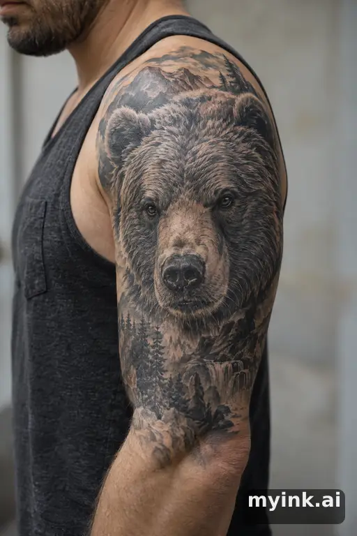 Grizzly bear head β Realistic Half Sleeve Tattoo reference image