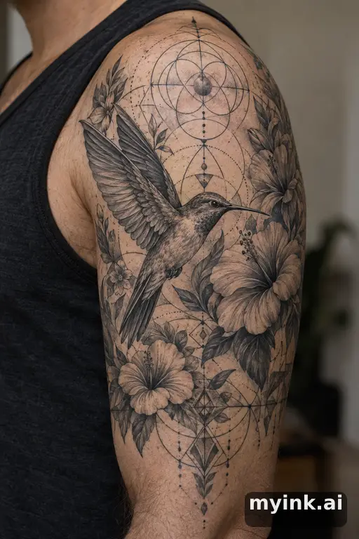 Hummingbird with flowers β Geometric Half Sleeve Tattoo reference image