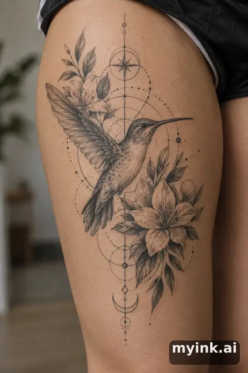 Hummingbird with flowers β Geometric Tattoo for Women reference image