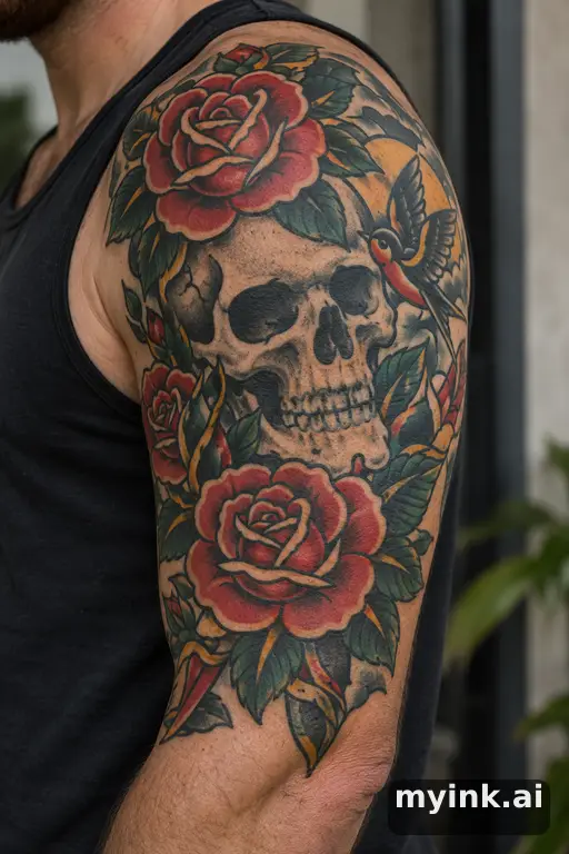 Skull with roses β Traditional Half Sleeve Tattoo reference image