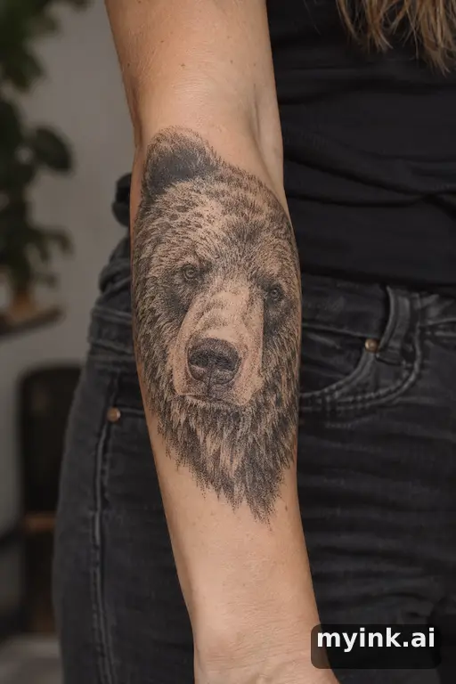 Grizzly bear head — Dotwork Forearm Tattoo reference image