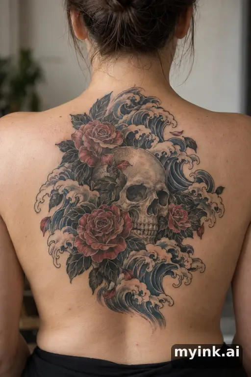 Skull wrapped in roses β Japanese Back Tattoo reference image