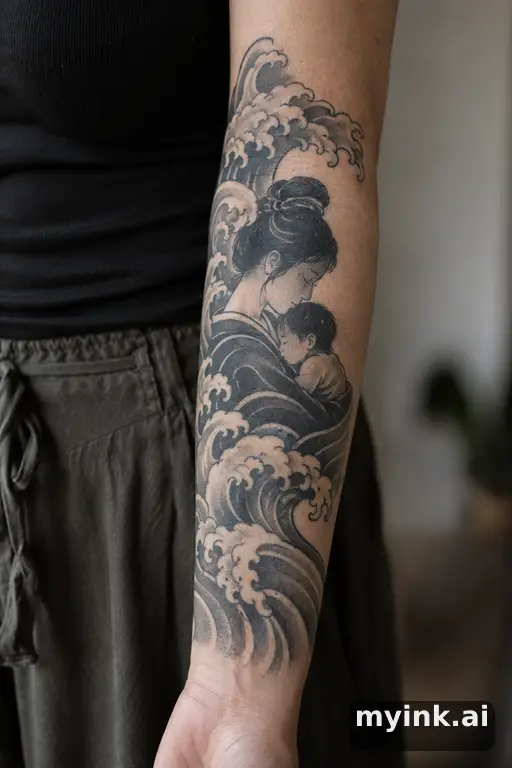 Mother and child silhouette — Japanese Family Tattoo reference image