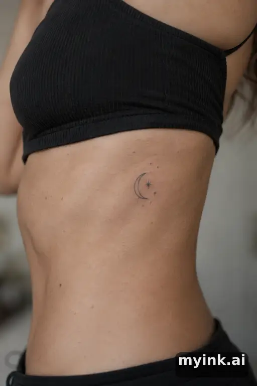 Crescent moon with stars — Minimalist Rib Tattoo reference image