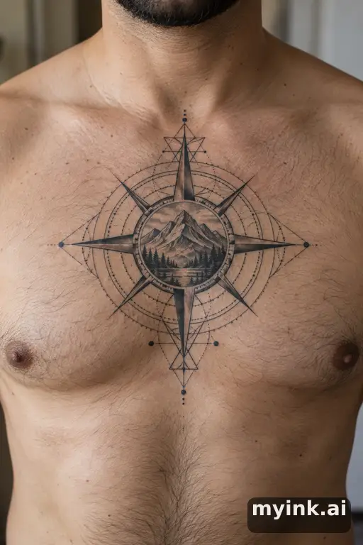 Compass with mountains inside β Geometric Compass Tattoo reference image