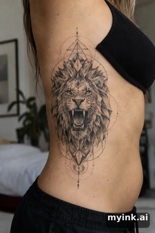 Roaring lion head — Geometric Rib Tattoo reference image