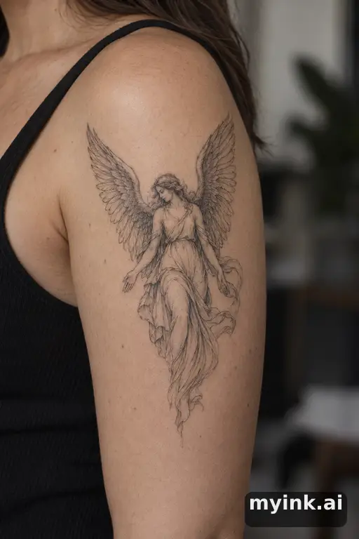 Angel with wings — Fine Line Tattoo reference image