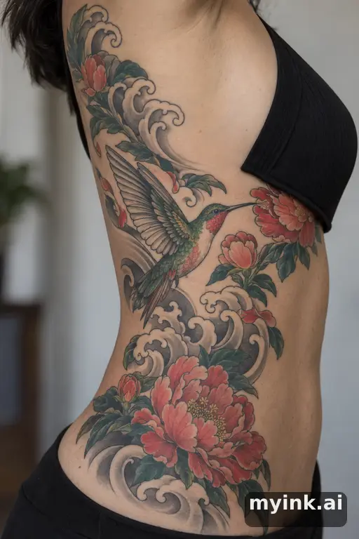 Hummingbird with flowers — Japanese Rib Tattoo reference image
