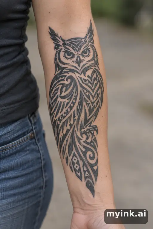 Great horned owl — Tribal Forearm Tattoo reference image