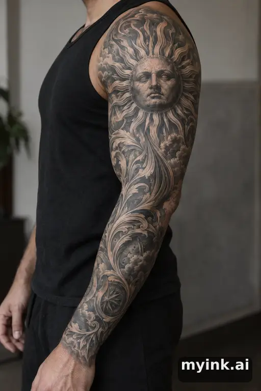 Sun with ornamental rays — Realistic Sleeve Tattoo reference image
