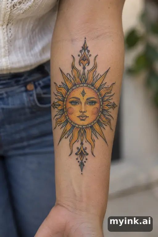 Sun with ornamental rays β Neo-Traditional Tattoo for Women reference image