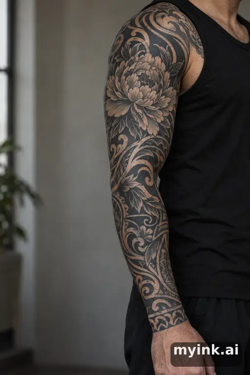 Blooming peony — Tribal Sleeve Tattoo reference image