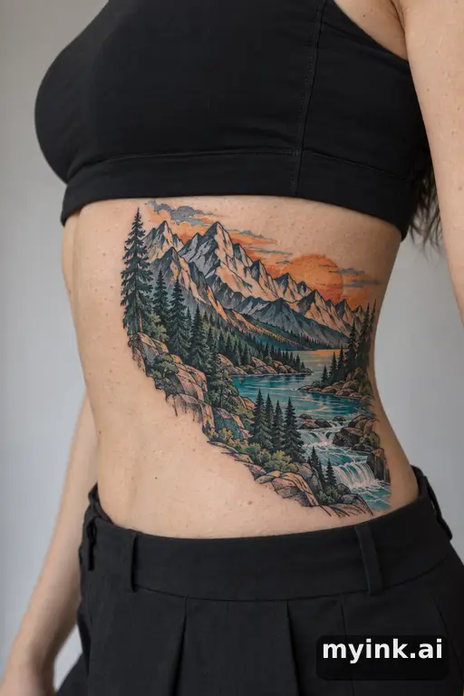 Mountain landscape — Neo-Traditional Rib Tattoo reference image