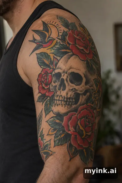 Skull with roses β Traditional Half Sleeve Tattoo reference image