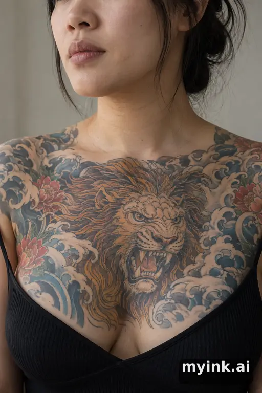 Roaring lion head β Japanese Chest Tattoo reference image