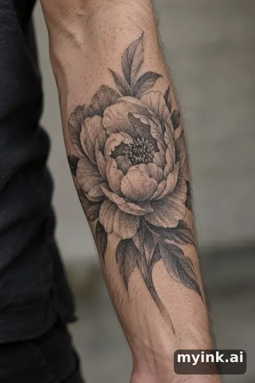 Blooming peony — Dotwork Forearm Tattoo reference image