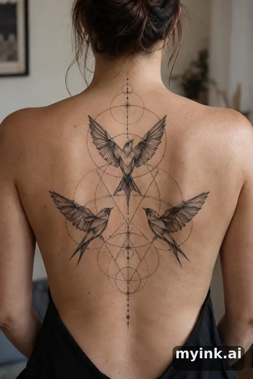 Three birds flying together — Geometric Family Tattoo reference image