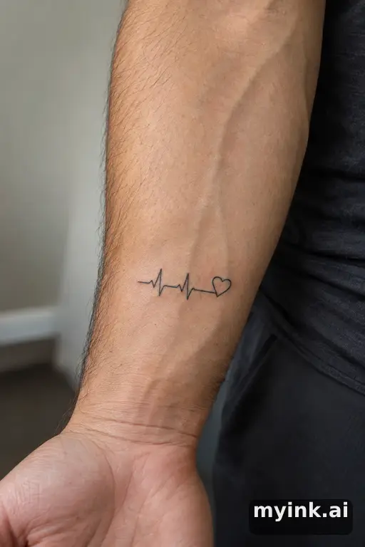 Heartbeat line ending in a heart — Fine Line Memorial Tattoo reference image