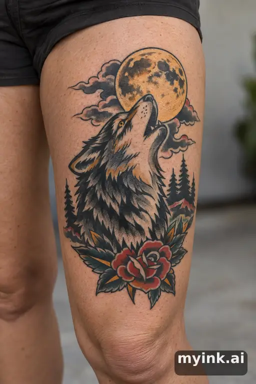 Wolf howling at the moon β Traditional Thigh Tattoo reference image