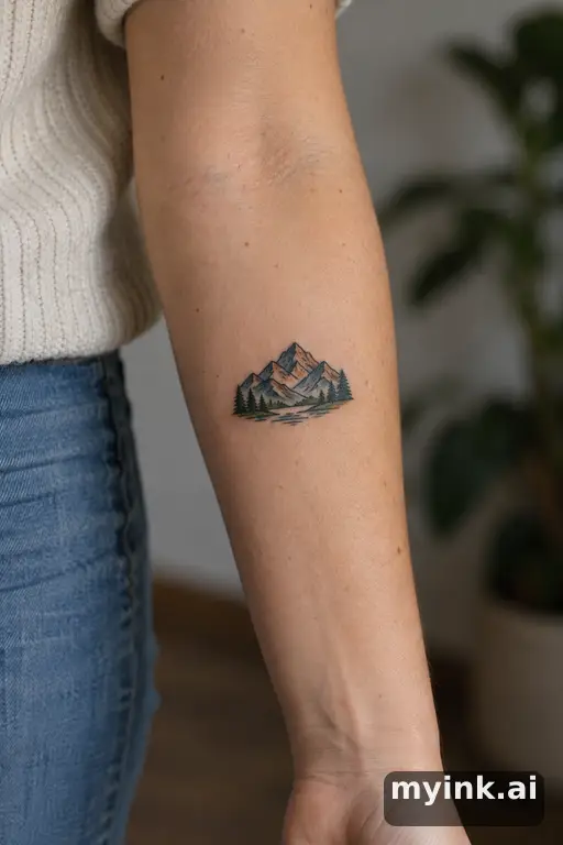 Tiny mountain outline — Neo-Traditional Forearm Tattoo reference image