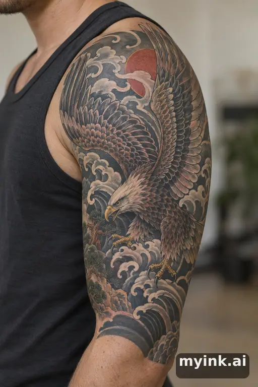 Eagle with spread wings β Japanese Half Sleeve Tattoo reference image