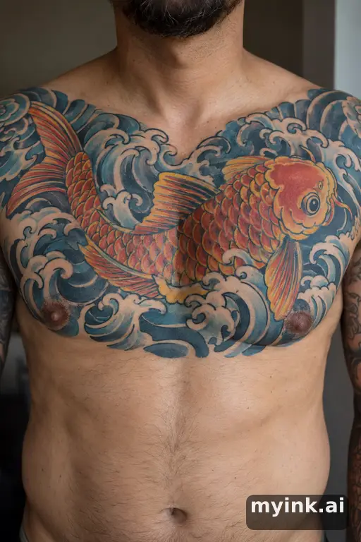 Koi fish swimming through waves — Traditional Chest Tattoo reference image