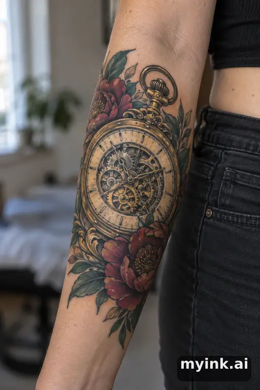 Pocket watch with exposed gears — Neo-Traditional Forearm Tattoo reference image