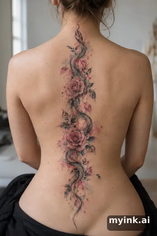 Snake winding through roses — Watercolor Tattoo for Women reference image