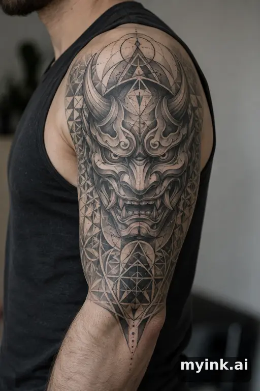 Oni demon mask β Geometric Half Sleeve Tattoo reference image