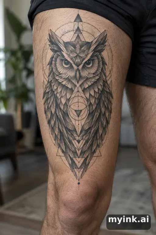 Owl β Geometric Thigh Tattoo reference image