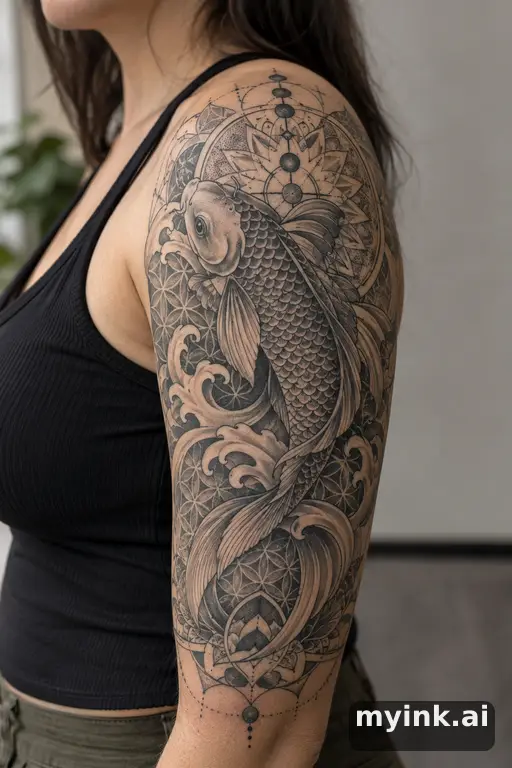 Koi fish in waves — Geometric Half Sleeve Tattoo reference image