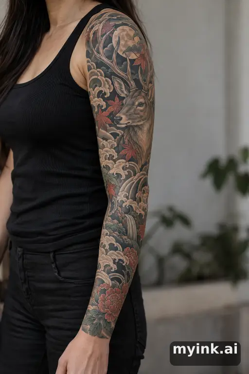 Stag head — Japanese Sleeve Tattoo reference image