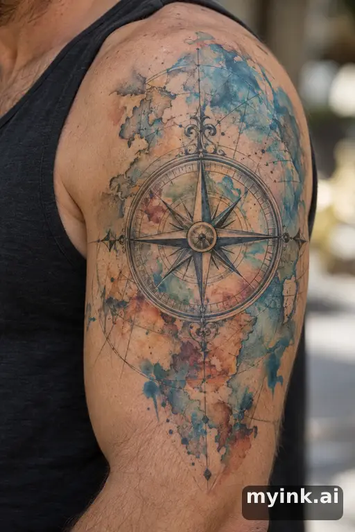 Vintage compass over a map β Watercolor Compass Tattoo reference image