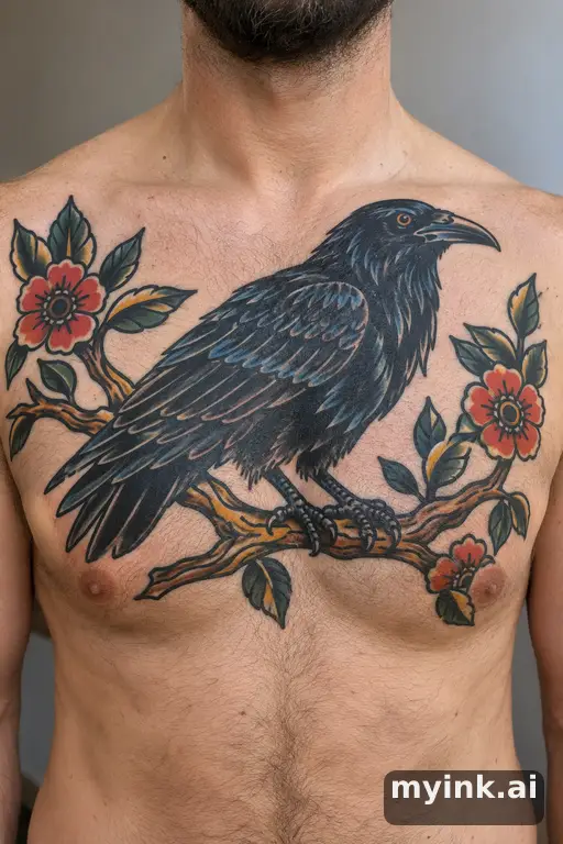 Raven perched on a branch — Traditional Chest Tattoo reference image