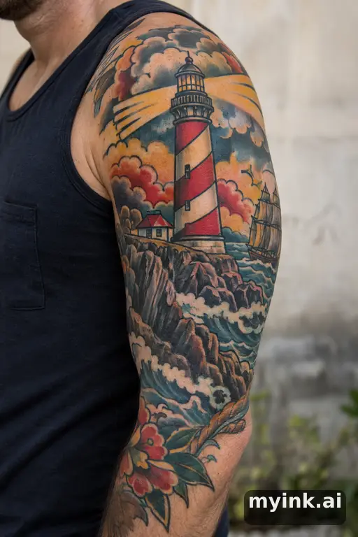 Lighthouse on a rocky cliff β Traditional Half Sleeve Tattoo reference image