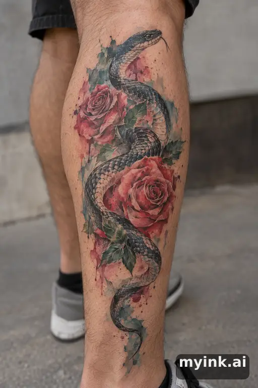 Snake winding through roses β Watercolor Masculine Tattoo reference image